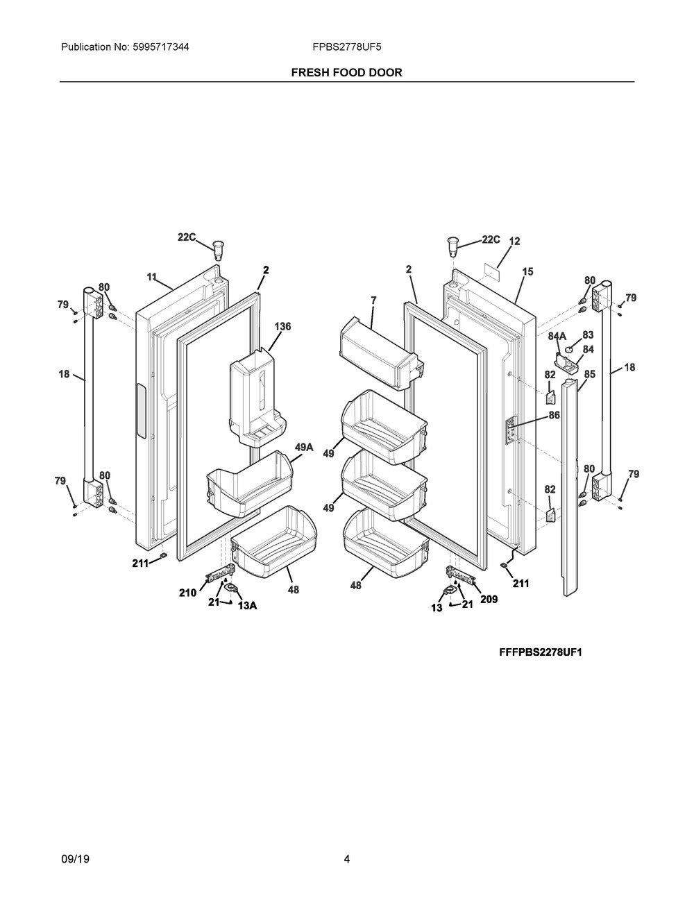 Fresh Food Door Diagram and Parts List for FPBS2778UF5  Frigidaire Refrigerator