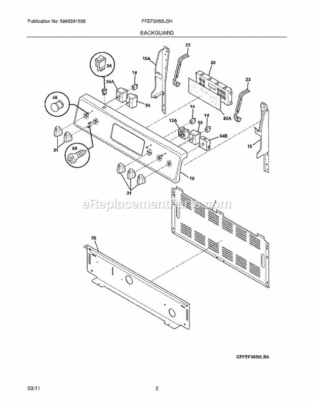 Backguard Diagram and Parts List for FFEF3050LSH  Frigidaire Range