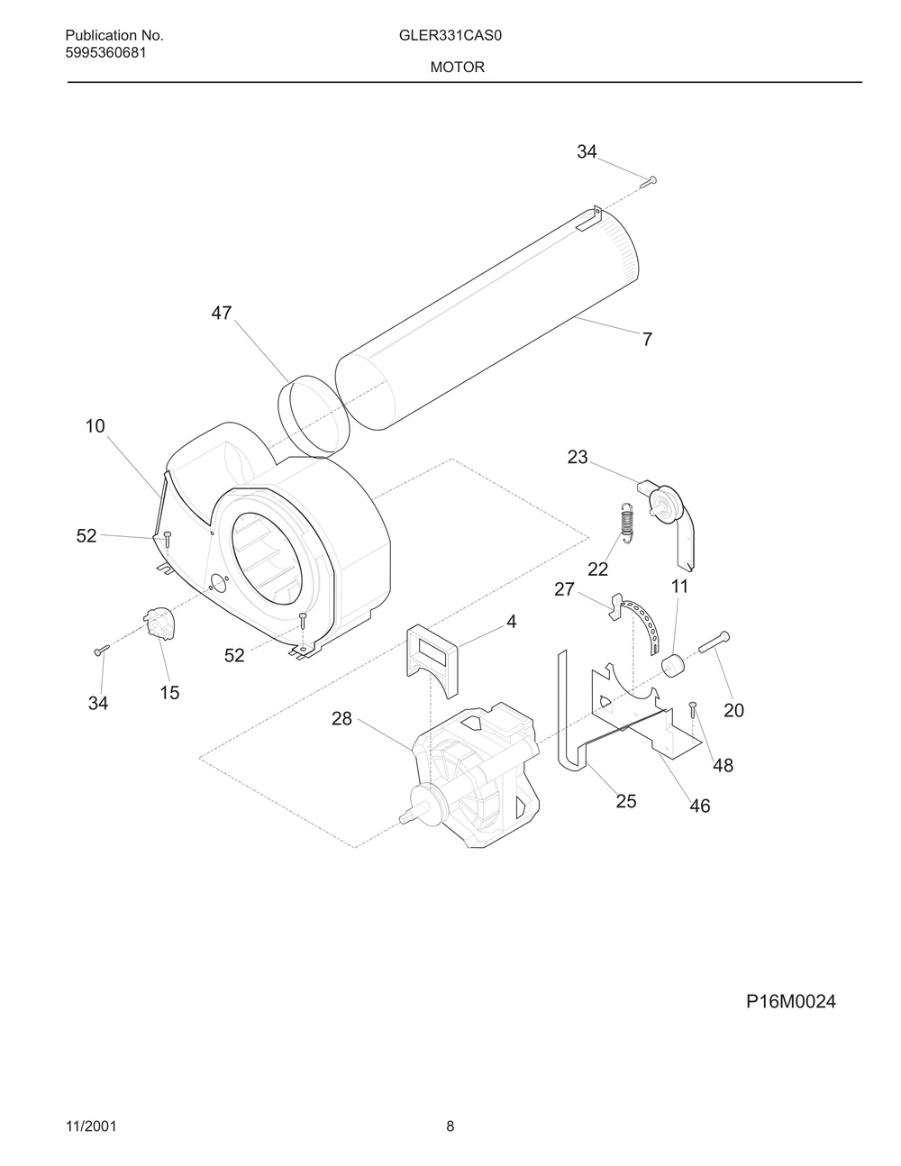 Motor Diagram and Parts List for GLER331CAS0  Frigidaire Dryer