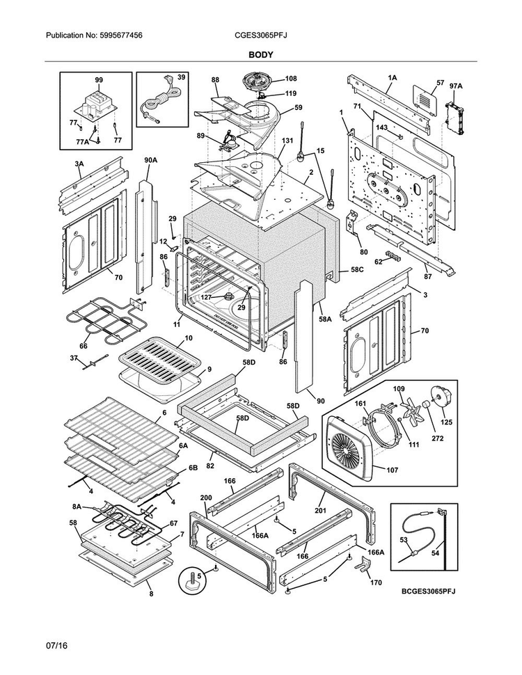 Body Diagram and Parts List for CGES3065PFJ  Frigidaire Range