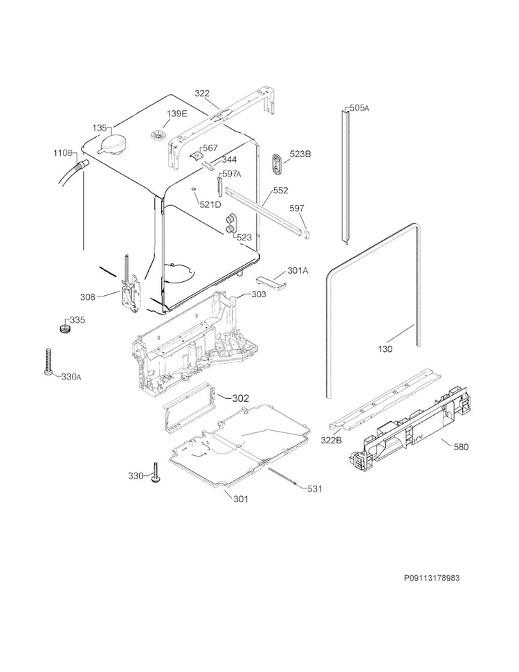 Tub & Frame Diagram and Parts List for FPID2495QF0A  Frigidaire Dishwasher