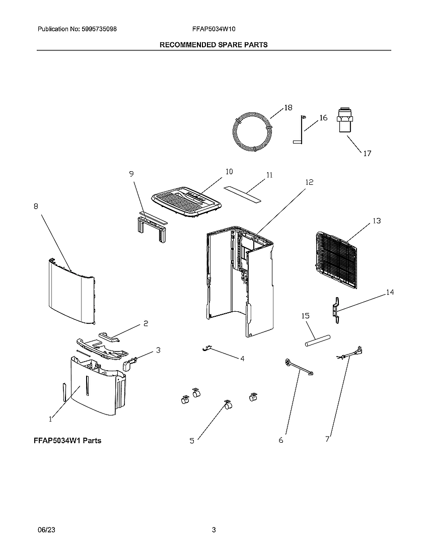 Replacement Parts Diagram and Parts List for FFAP5034W10  Frigidaire Dehumidifier
