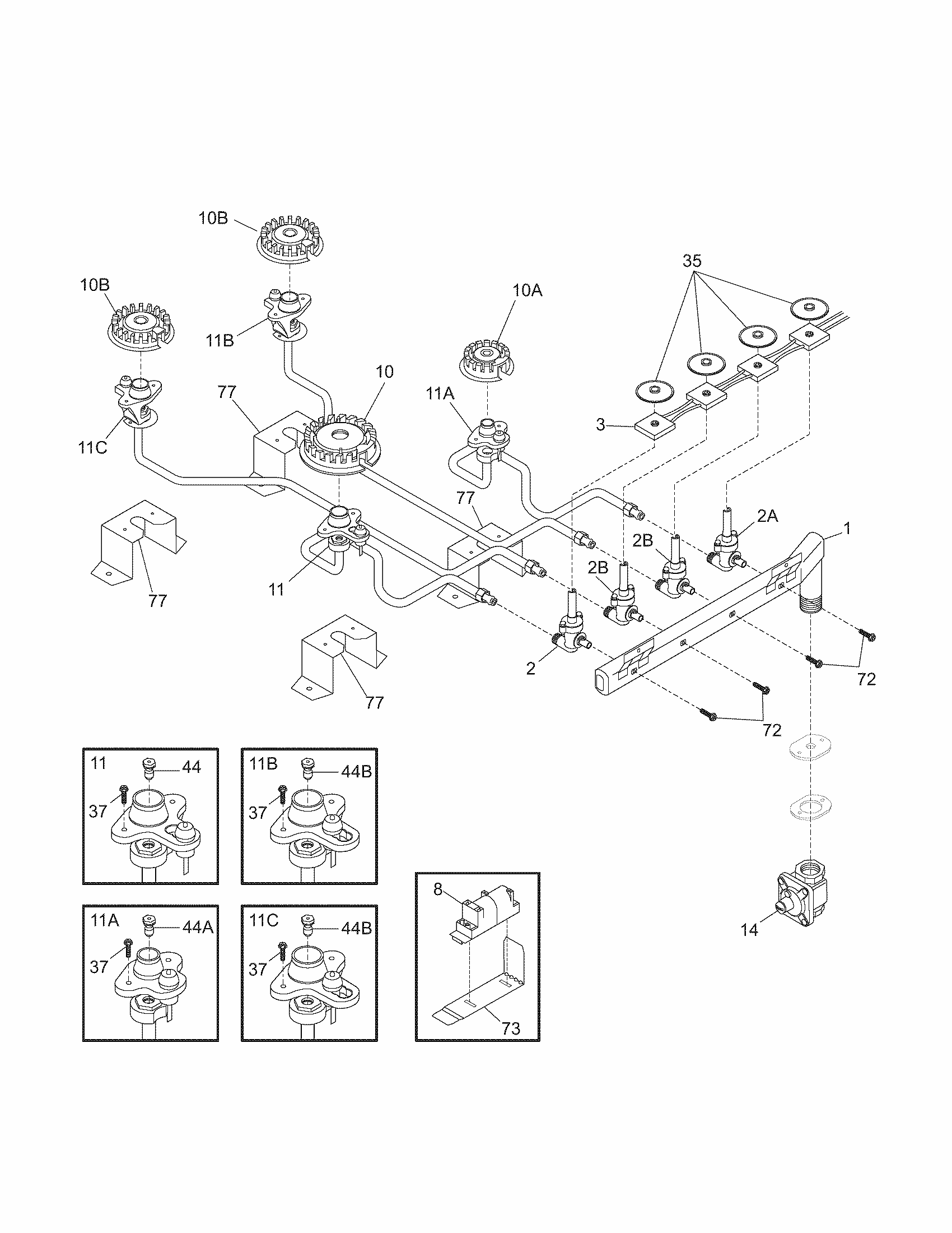 Burner Diagram and Parts List for 79032234401  Kenmore Cooktop