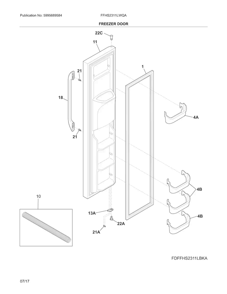 Freezer Door Diagram and Parts List for FFHS2311LWQA  Frigidaire Refrigerator