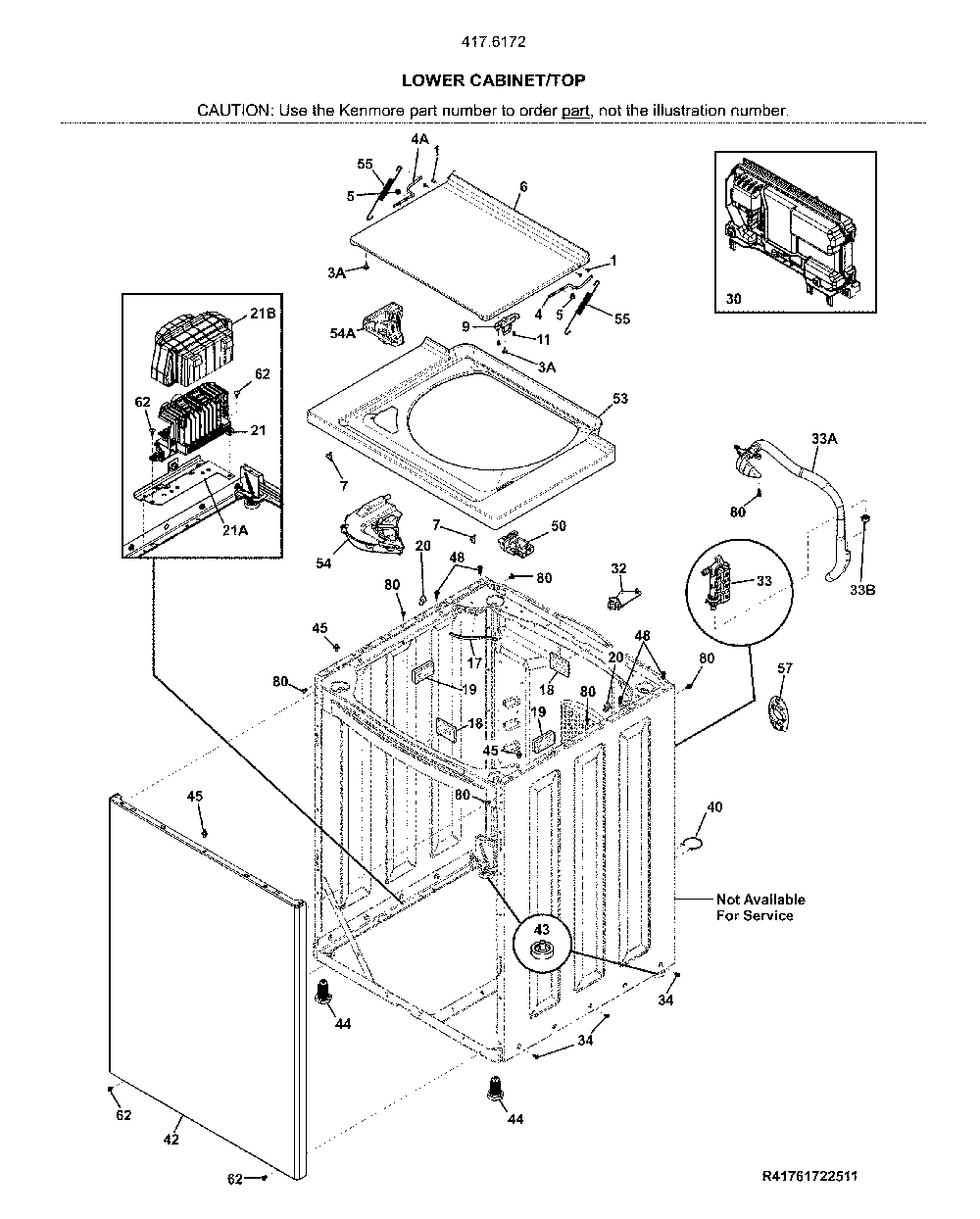 Lower cabinet/top Diagram and Parts List for 41761723511  Kenmore Washer Dryer Combo