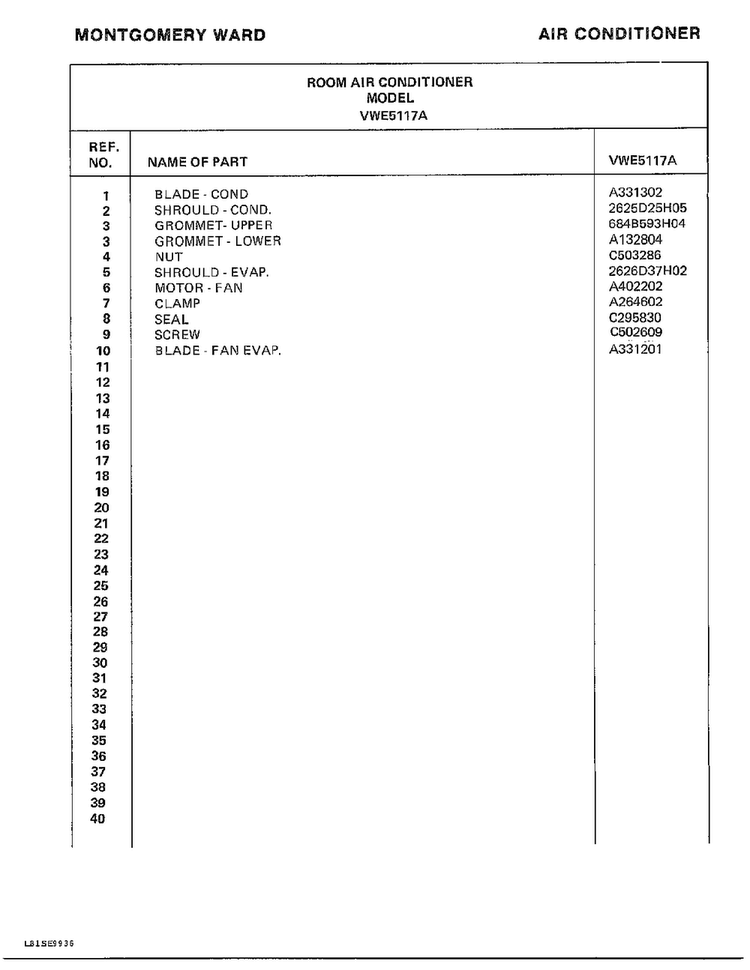 Room Air Conditioner Page 6 Diagram and Parts List for 5117A  Frigidaire Air Conditioner
