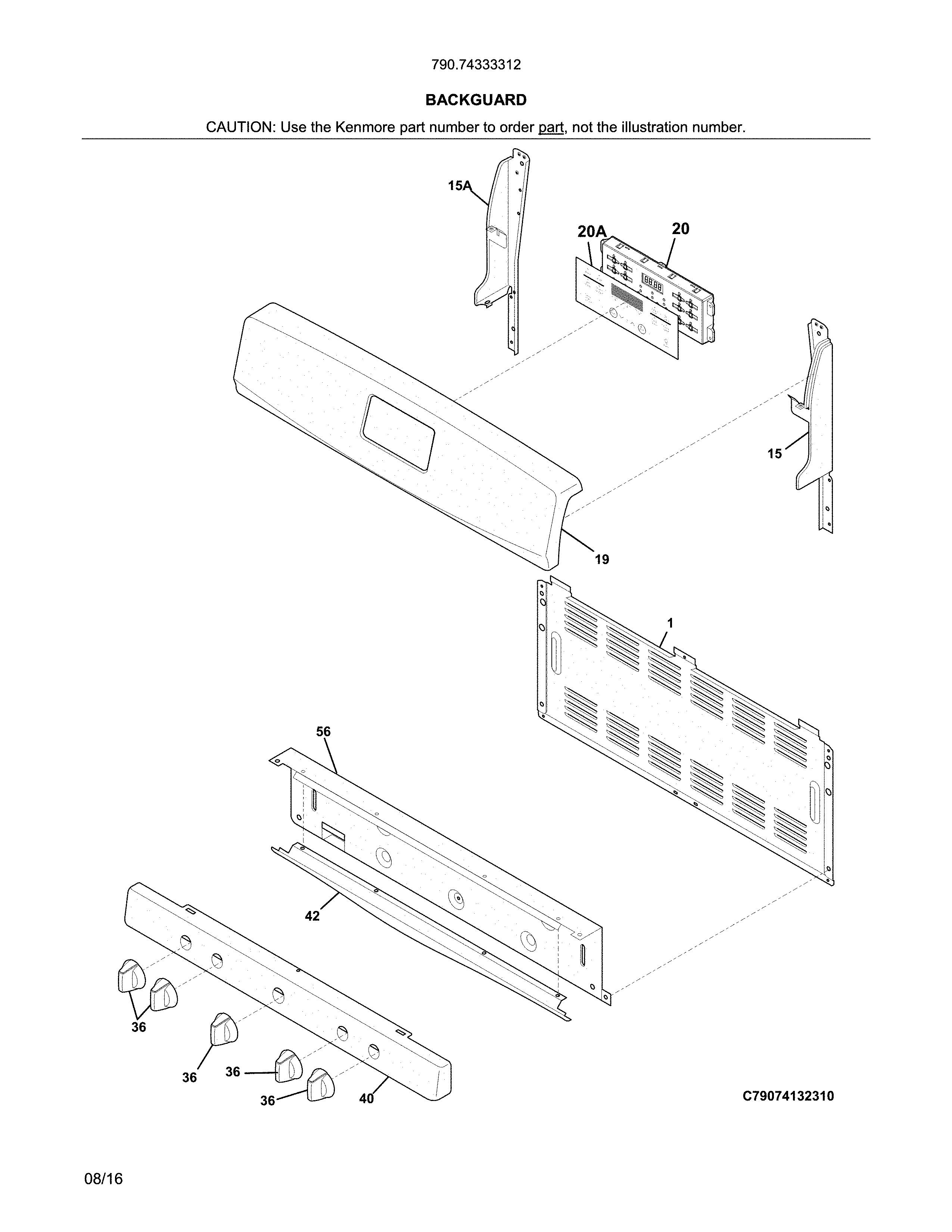 Backguard Diagram and Parts List for 79074333312  Kenmore Range