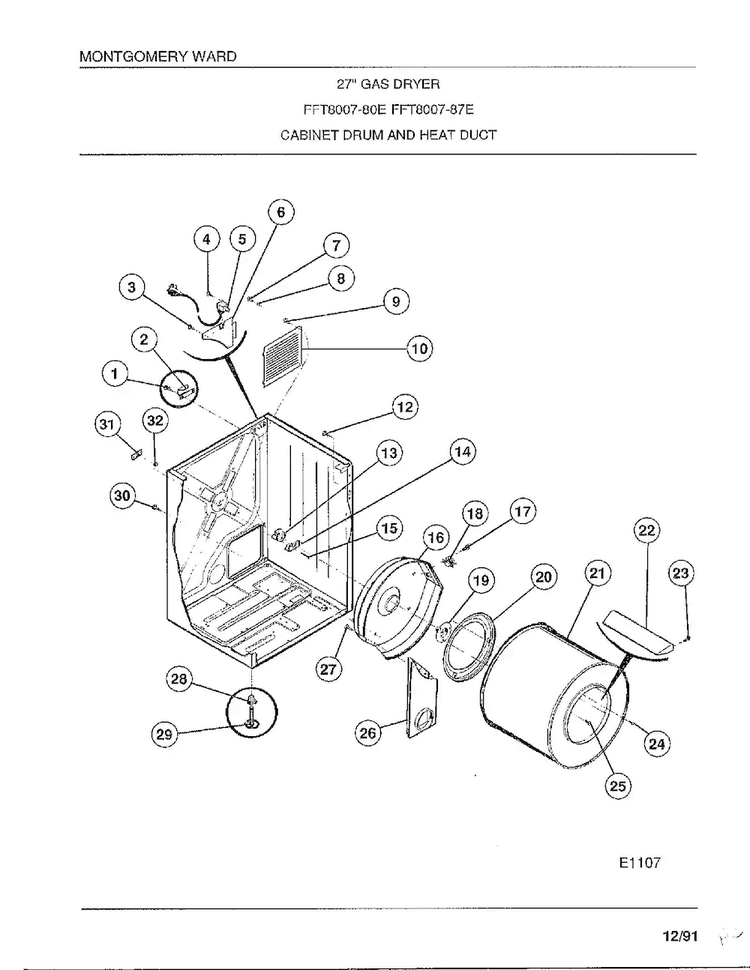 Cabinet Drum And Heat Duct Diagram and Parts List for 8007-80E  Frigidaire Dryer