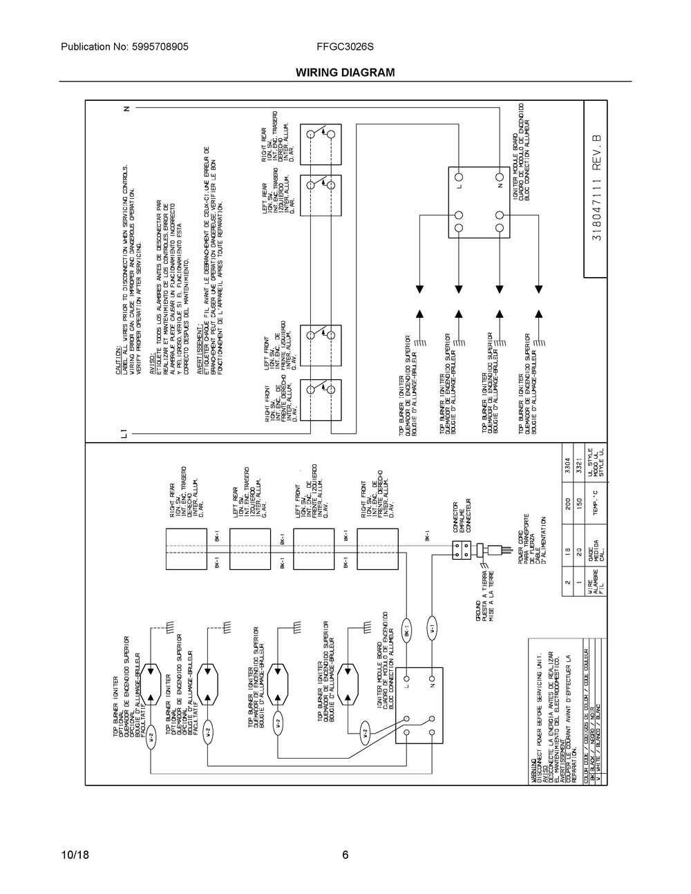 Wiring Diagram Diagram and Parts List for FFGC3026SSD  Frigidaire Cooktop
