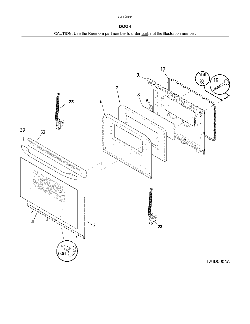 Door Diagram and Parts List for 79090011314  Kenmore Range