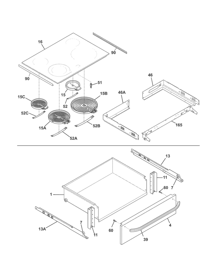 Top/drawer Diagram and Parts List for FFES3025PSA  Frigidaire Range