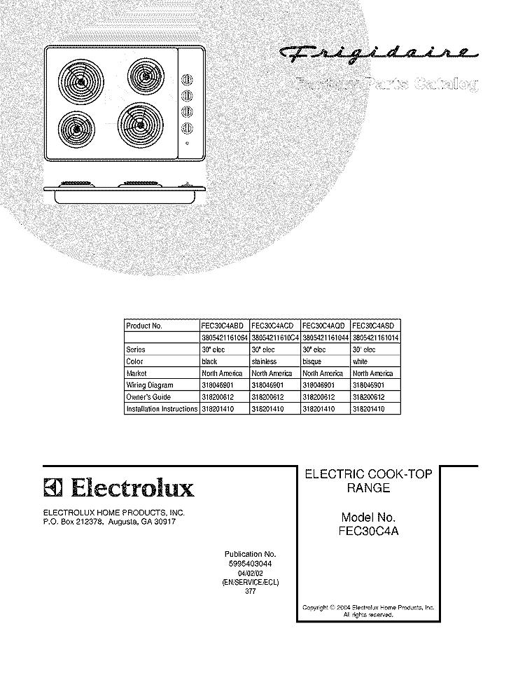 COVER Diagram and Parts List for FEC30C4AQD  Frigidaire Cooktop
