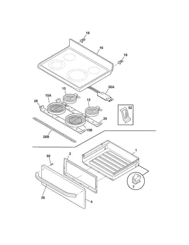 Top/drawer Diagram and Parts List for FFEF3019MSC  Frigidaire Range