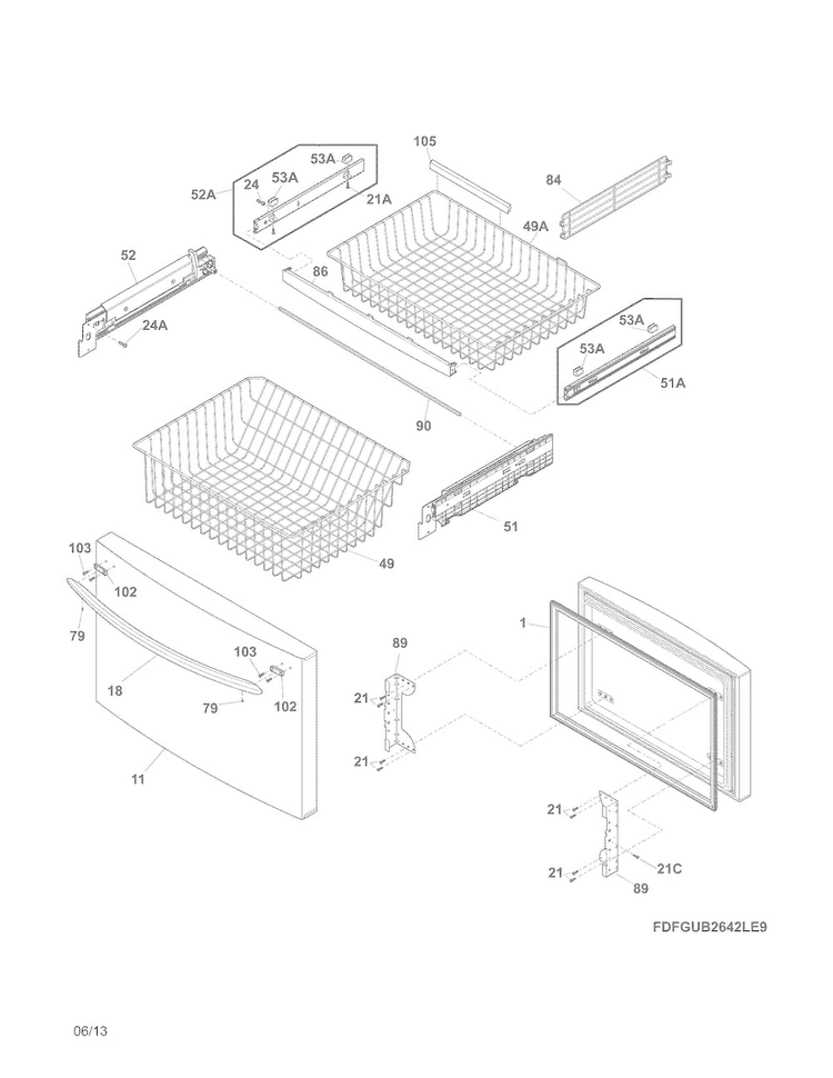 Freezer Drawer, Baskets Diagram and Parts List for FGHB2735NF2  Frigidaire Refrigerator