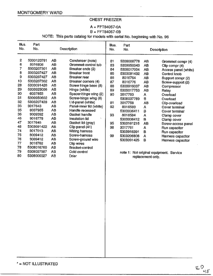 Chest Freezer Page 2 Diagram and Parts List for 84057A  Frigidaire Freezer