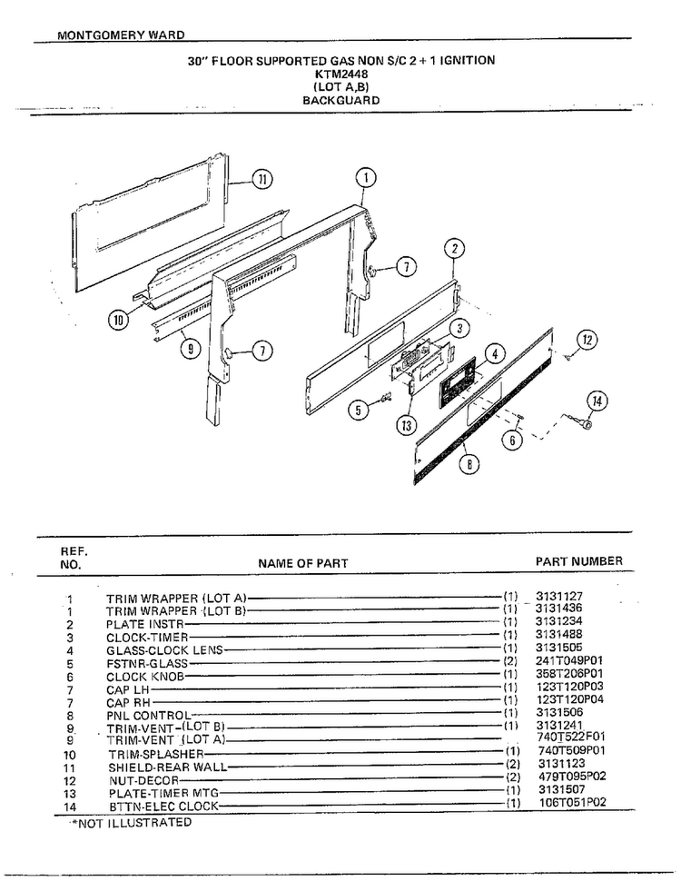 30" Floor Supported Backguard Diagram and Parts List for 2448A  Frigidaire Range