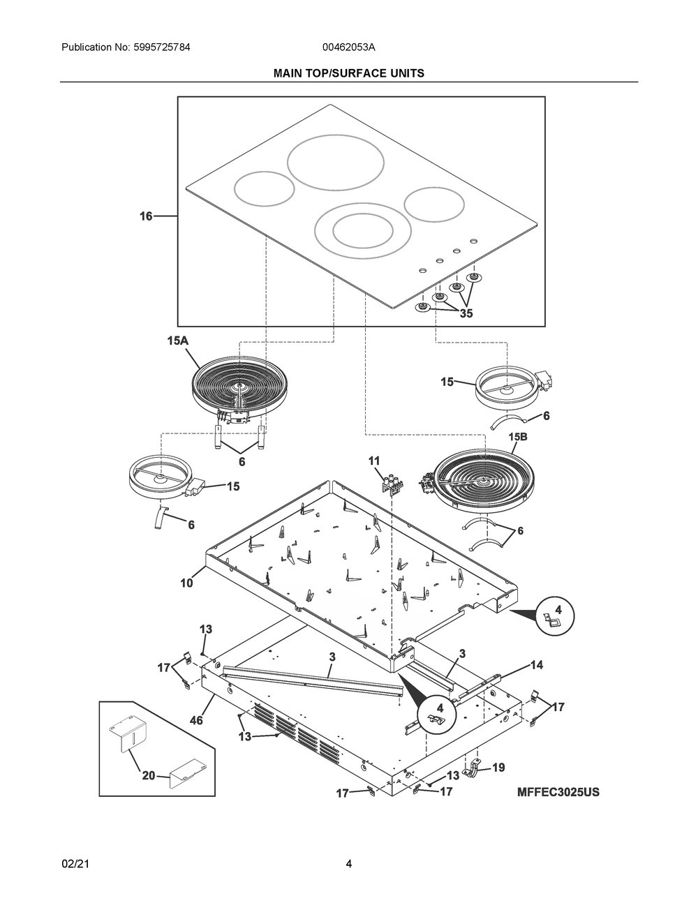 Main Top/Surface Units Diagram and Parts List for 00462053A  Frigidaire Range