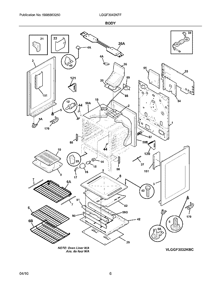 BODY Diagram and Parts List for LGGF3042KFF  Frigidaire Range