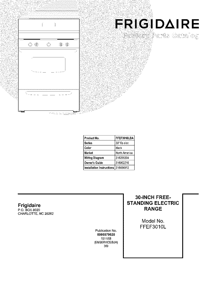 COVER Diagram and Parts List for FFEF3010LBA  Frigidaire Range