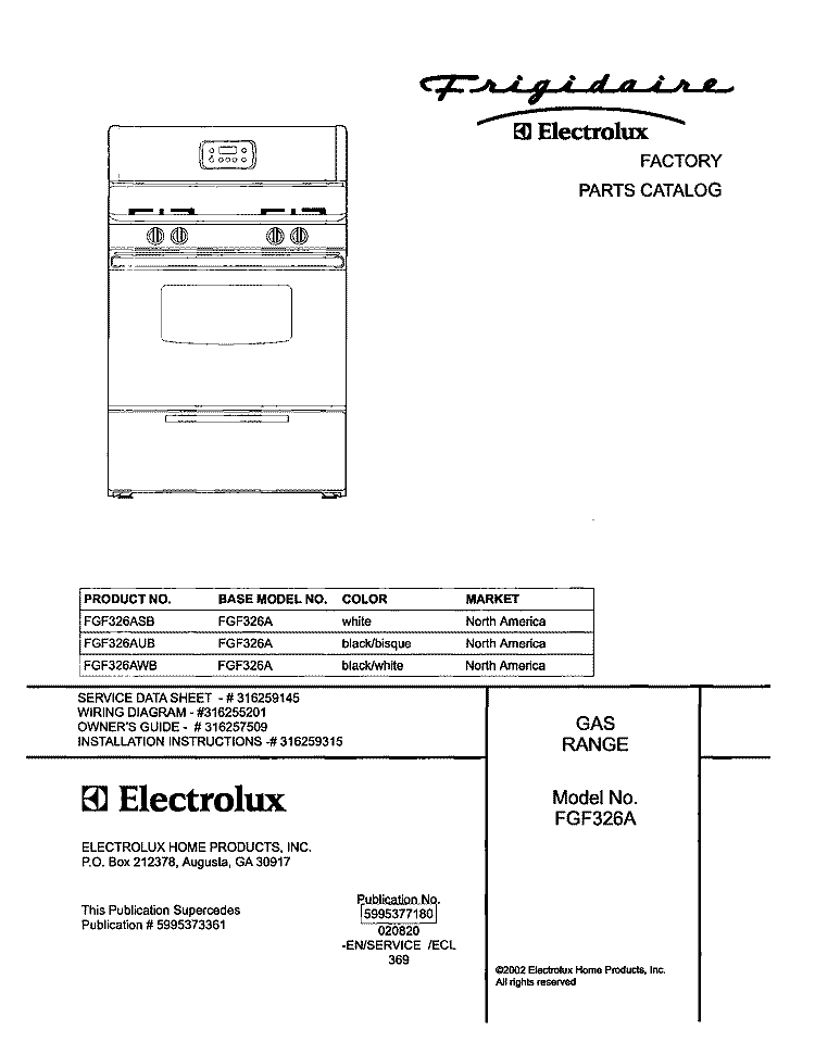 COVER Diagram and Parts List for FGF326ASB  Frigidaire Range