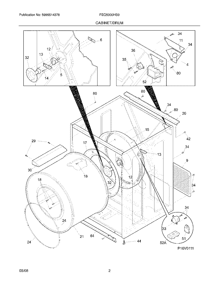 CABINET/DRUM Diagram and Parts List for FEQ5000HS0  Frigidaire Dryer