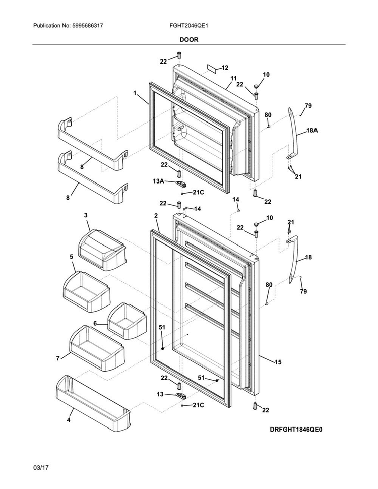Door Diagram and Parts List for FGHT2046QE1  Frigidaire Refrigerator