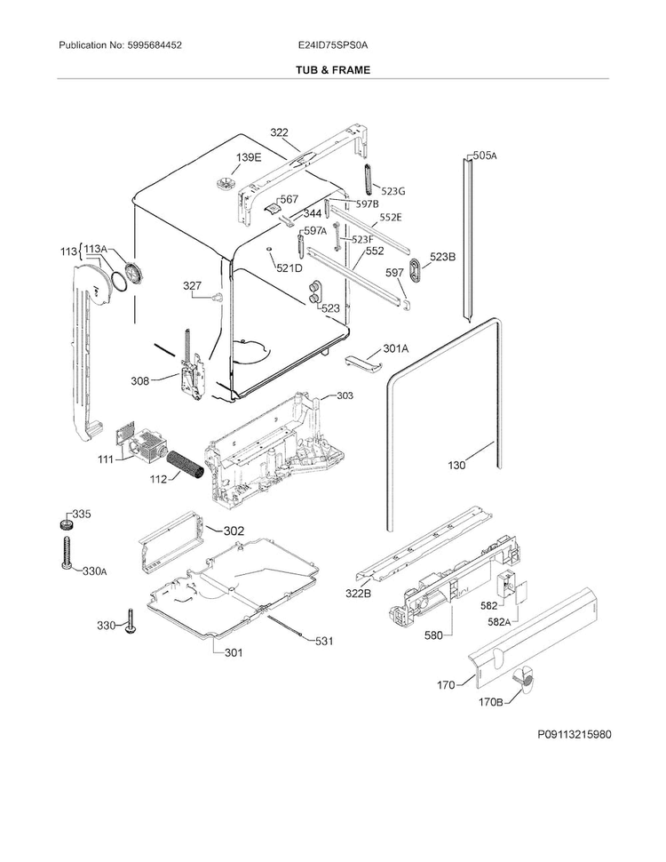 Tub & Frame Diagram and Parts List for E24ID75SPS0A  Electrolux Dishwasher