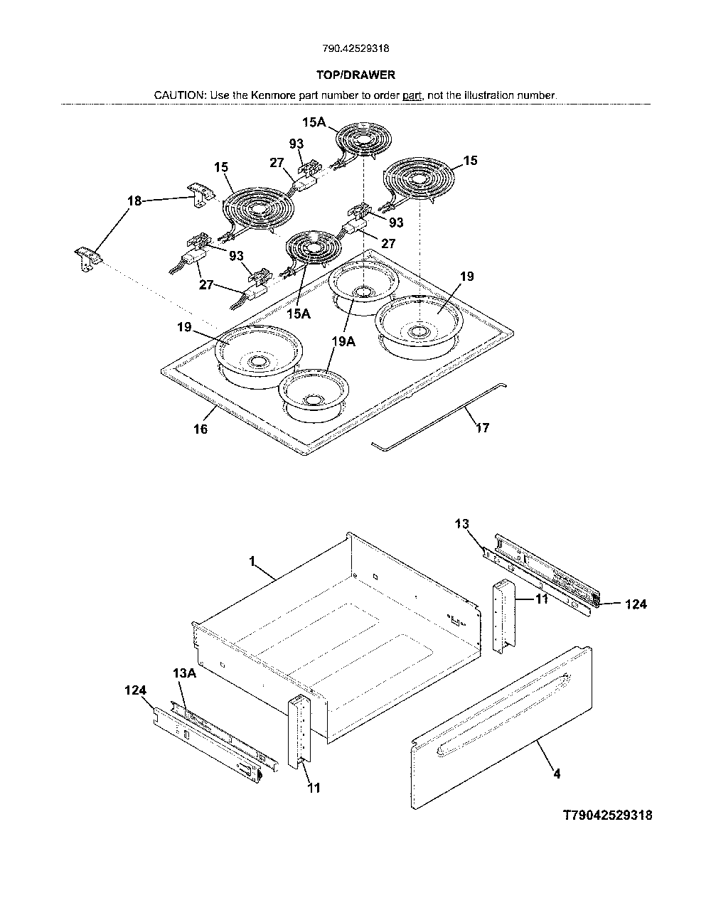Top/drawer Diagram and Parts List for 79042529318  Kenmore Range