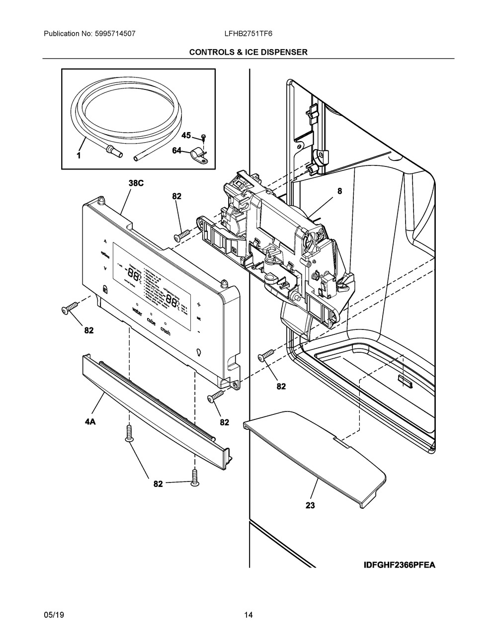 Controls & Ice Dispenser Diagram and Parts List for LFHB2751TF6  Frigidaire Refrigerator