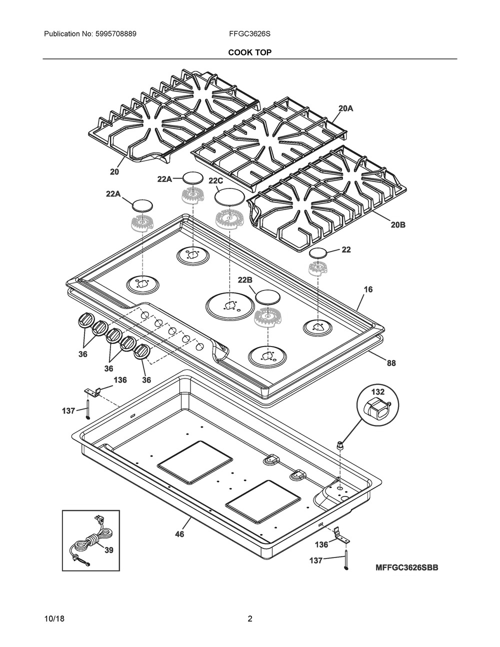 Cook Top Diagram and Parts List for FFGC3626SBD  Frigidaire Cooktop
