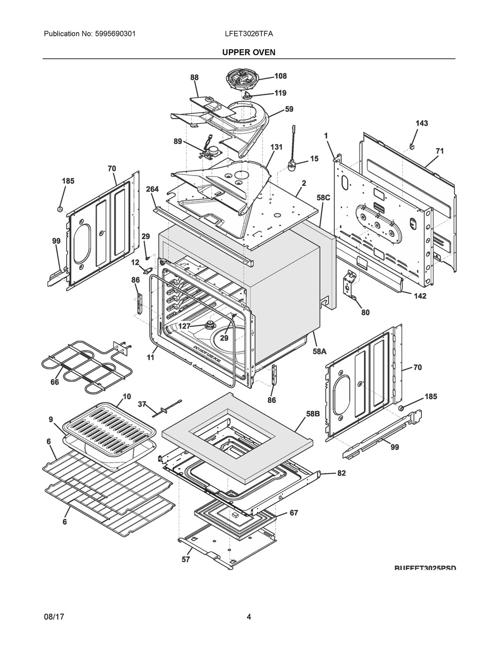 Upper Oven Diagram and Parts List for LFET3026TFA  Frigidaire Wall Oven