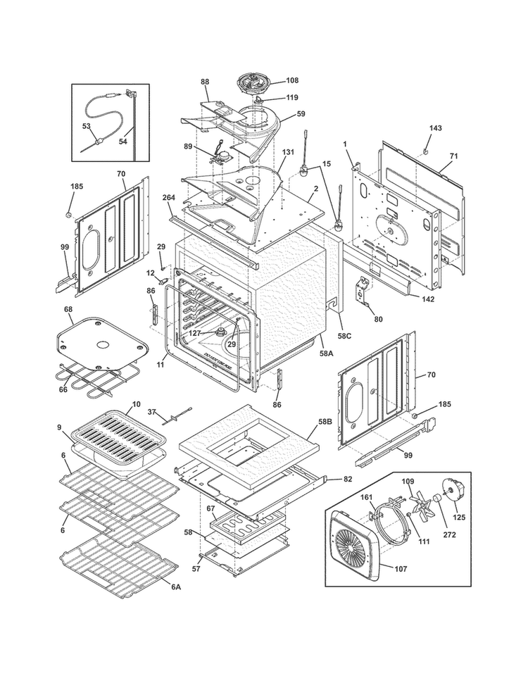 Upper Oven Diagram and Parts List for FGET2765PBB  Frigidaire Wall Oven