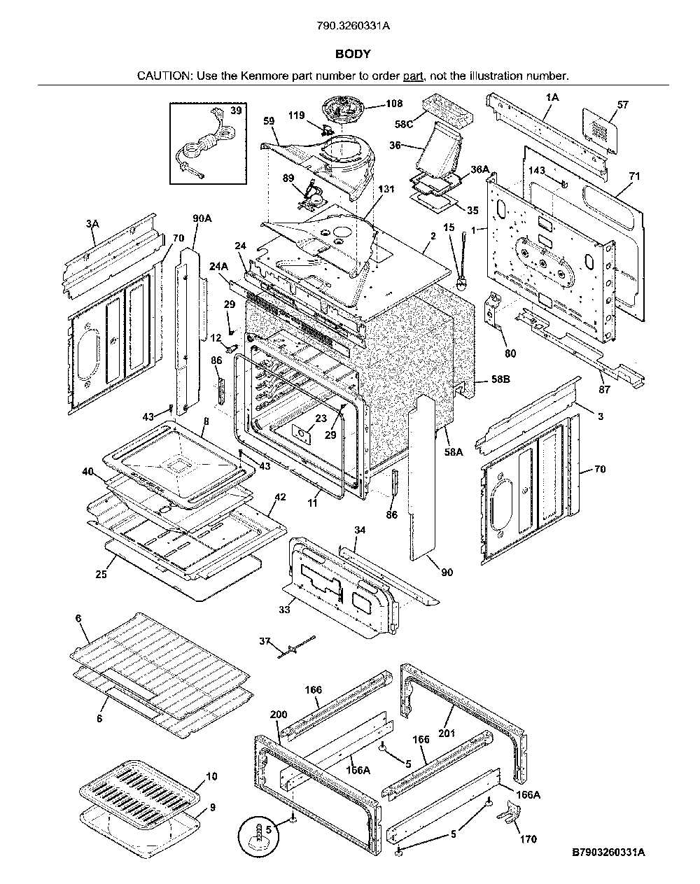 Body Diagram and Parts List for 7903260331A  Kenmore Range