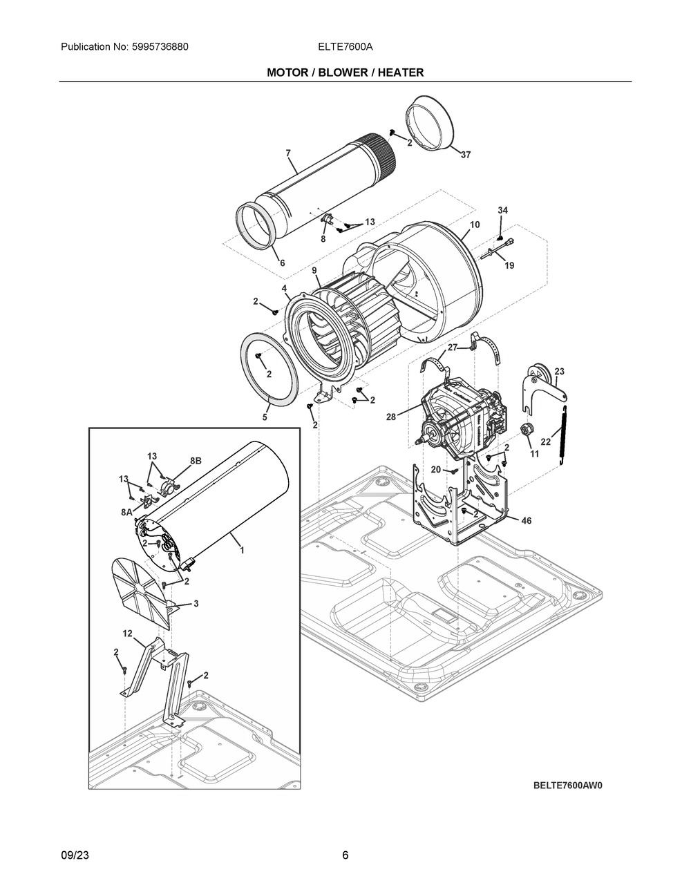Motor / Blower / Heater Diagram and Parts List for ELTE7600AW0  Frigidaire Washer Dryer Combo
