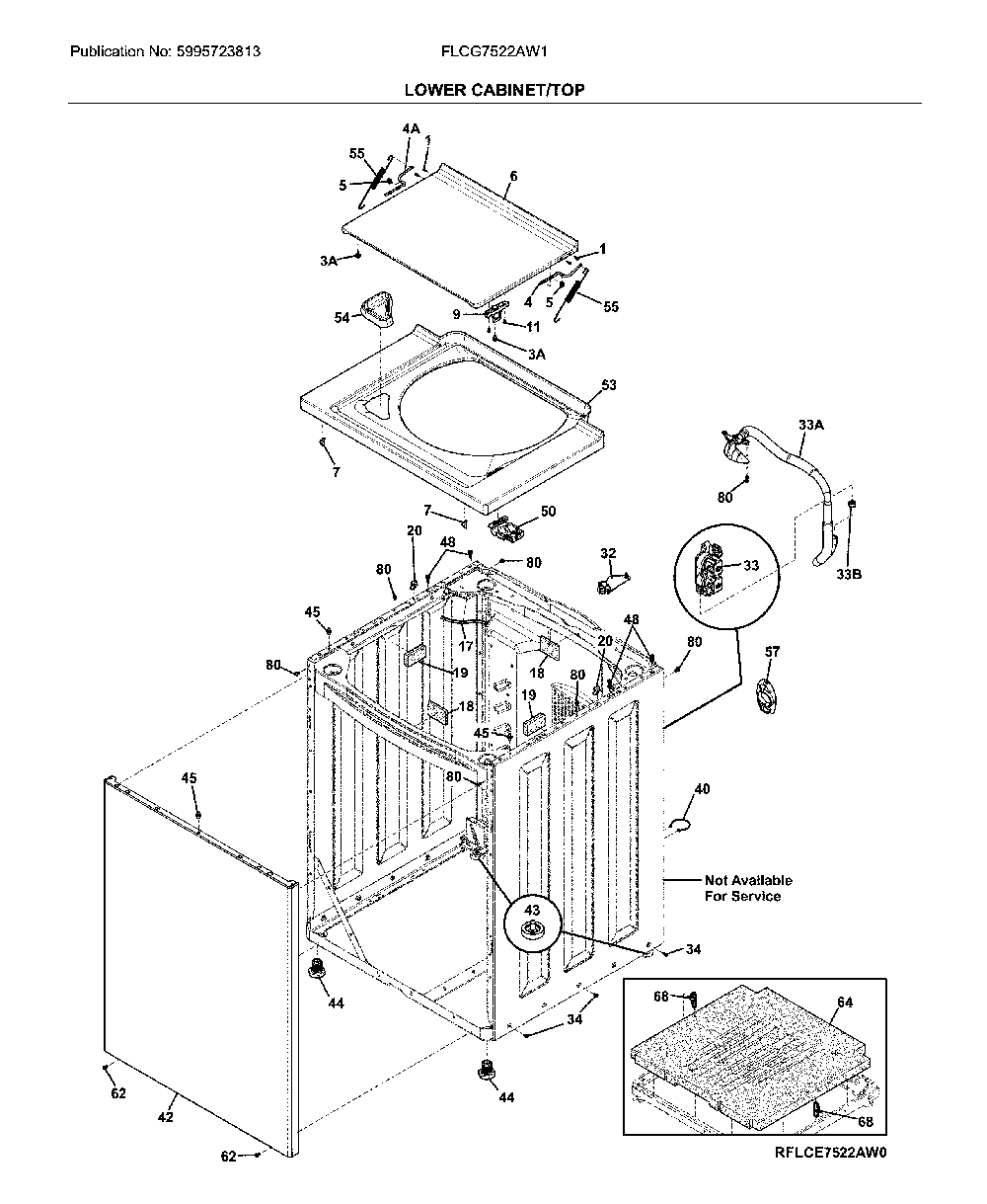 Lower cabinet/top Diagram and Parts List for FLCG7522AW1  Frigidaire Washer Dryer Combo