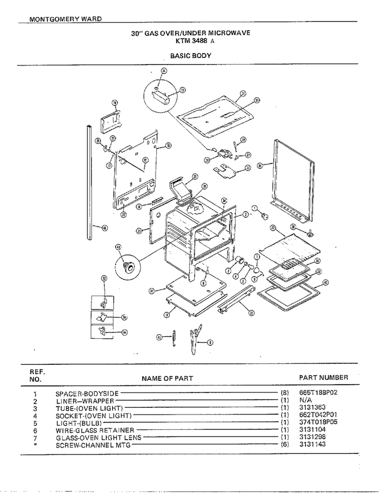30" Gas Over/under Basic Body Diagram and Parts List for 3488A  Frigidaire Range