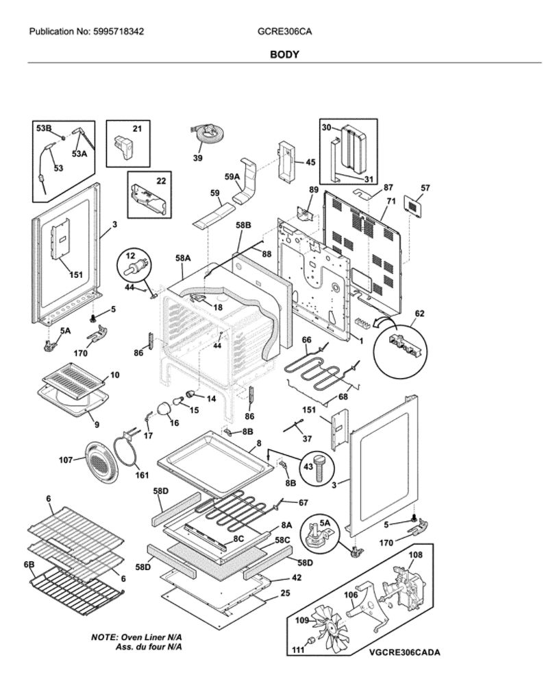 Body Diagram and Parts List for GCRE306CAFA  Frigidaire Range