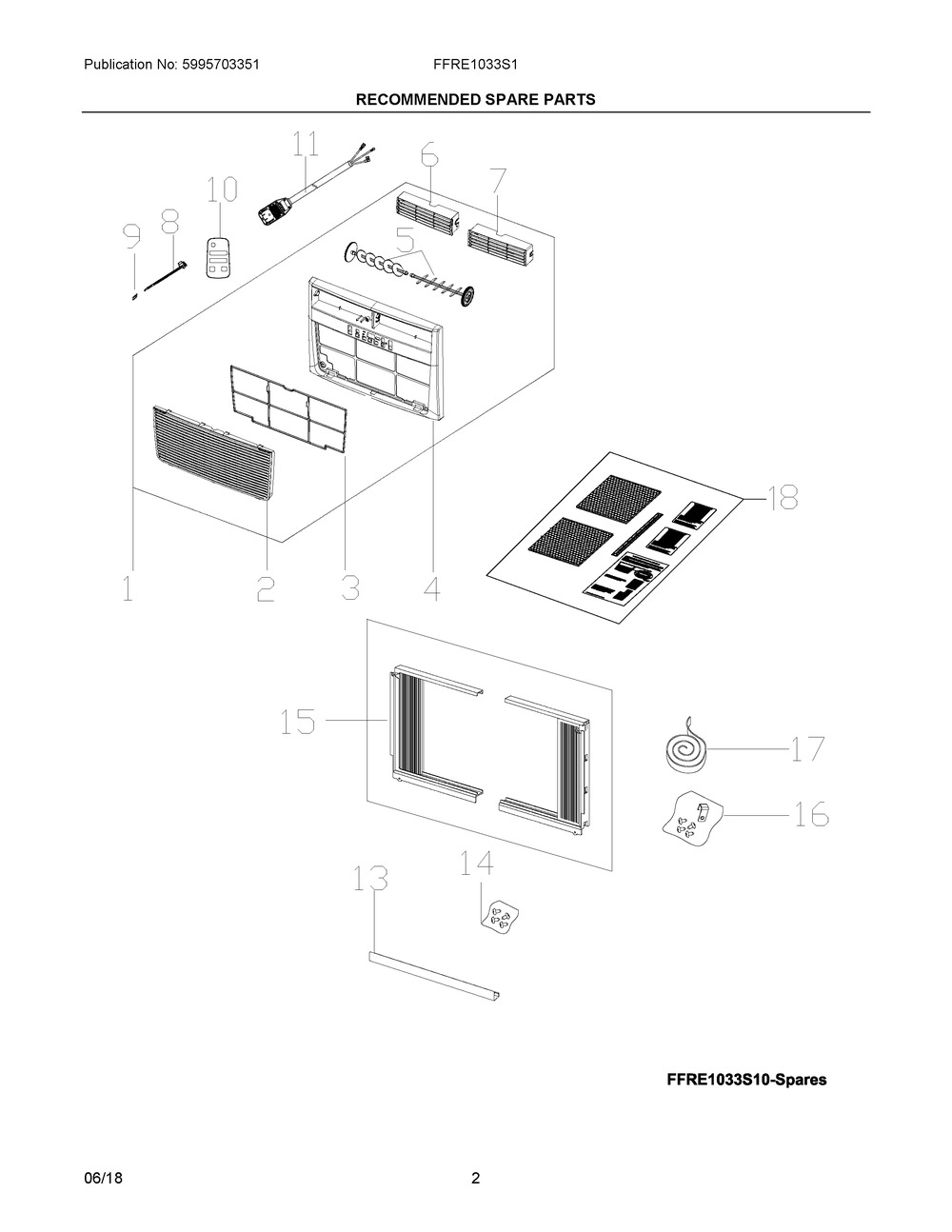 Recommended Spare Parts Diagram and Parts List for FFRE1033S1E1  Frigidaire Air Conditioner
