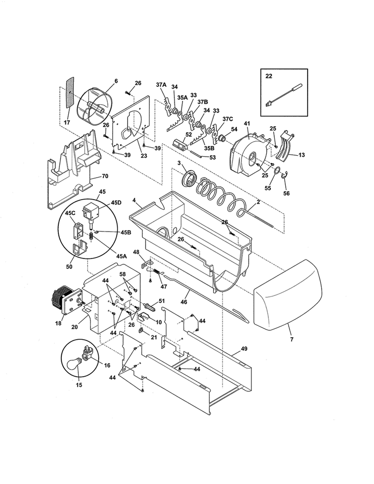 Ice Container Diagram and Parts List for 25354663408  Kenmore Refrigerator