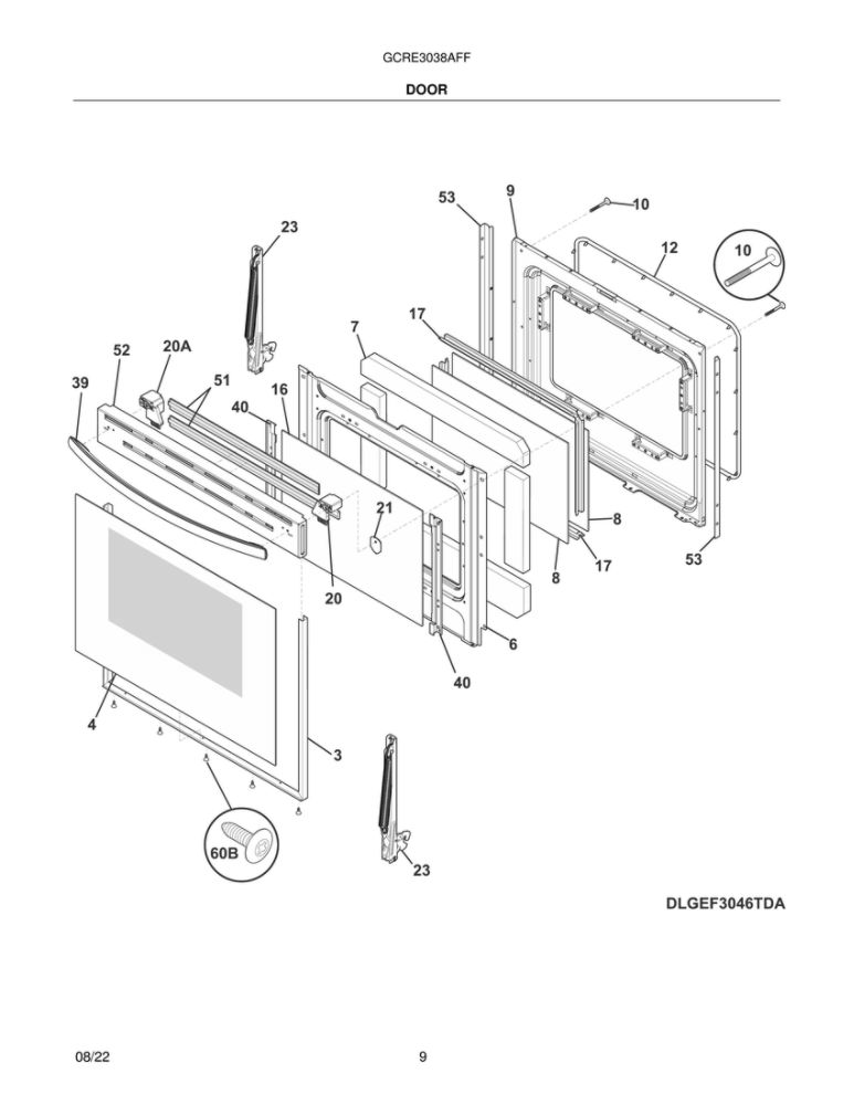Door Diagram and Parts List for GCRE3038AFF  Frigidaire Range