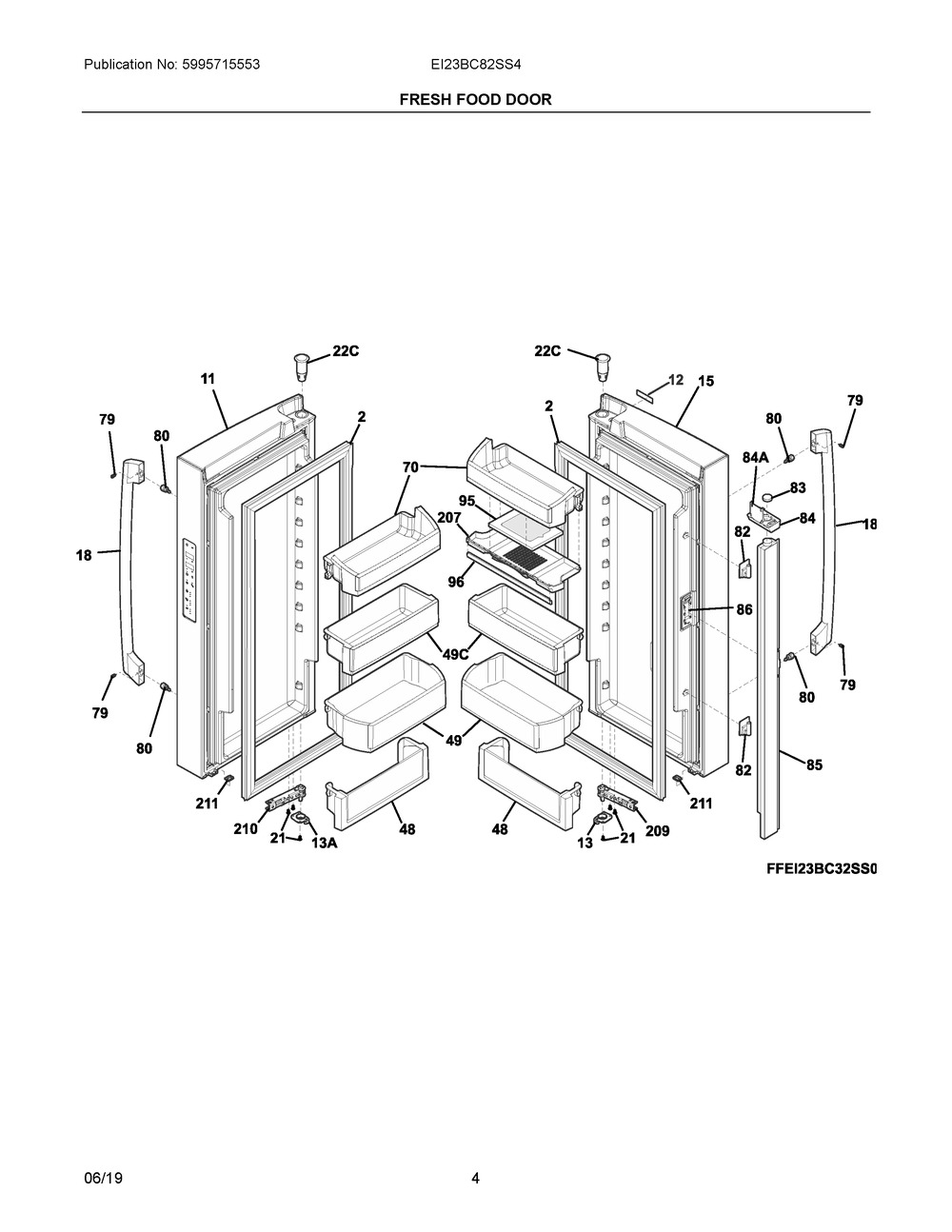 Fresh Food Door Diagram and Parts List for EI23BC82SS4  Frigidaire Refrigerator