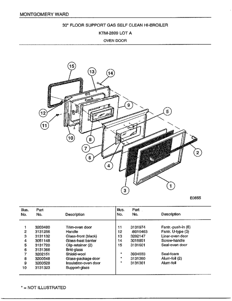Oven Door Diagram and Parts List for 2899A  Frigidaire Range