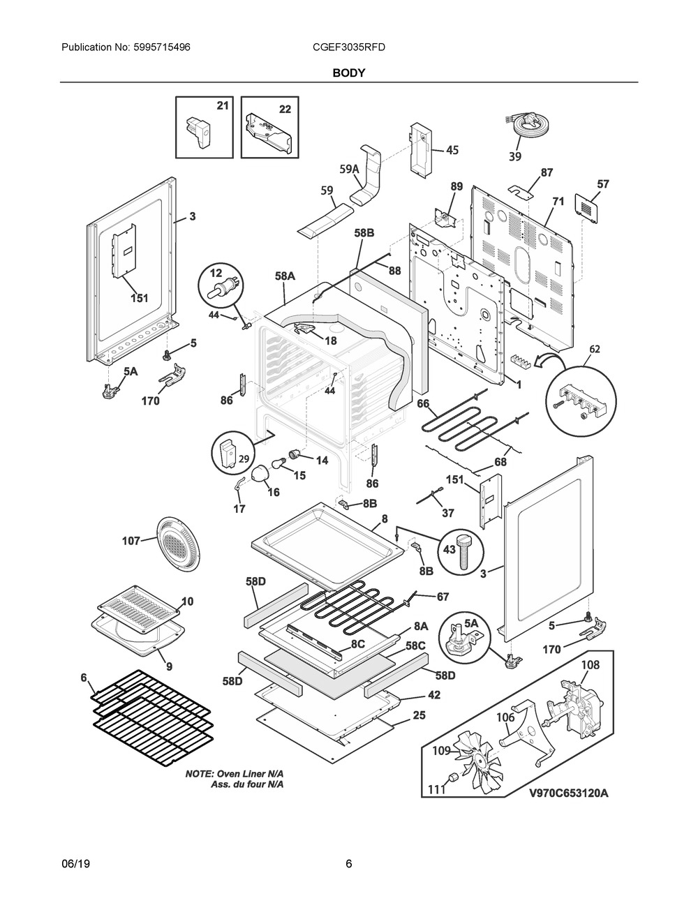 Body Diagram and Parts List for CGEF3035RFD  Frigidaire Range