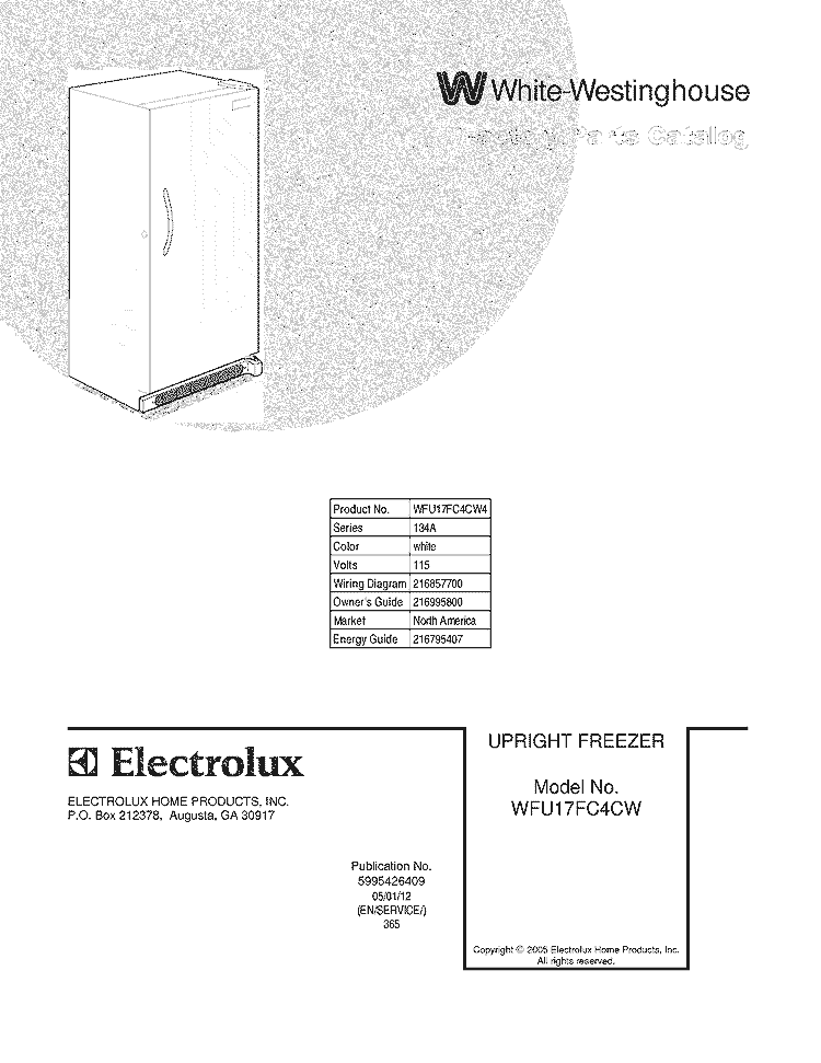 COVER Diagram and Parts List for WFU17FC4CW4  Westinghouse Freezer