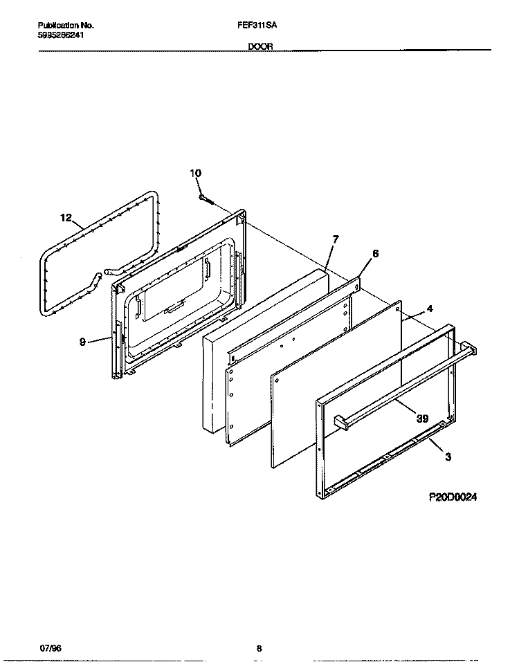 DOOR Diagram and Parts List for FEF311SADF  Frigidaire Range