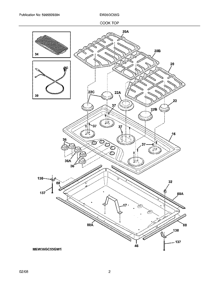 COOK TOP Diagram and Parts List for EW36GC55GW1  Electrolux Cooktop