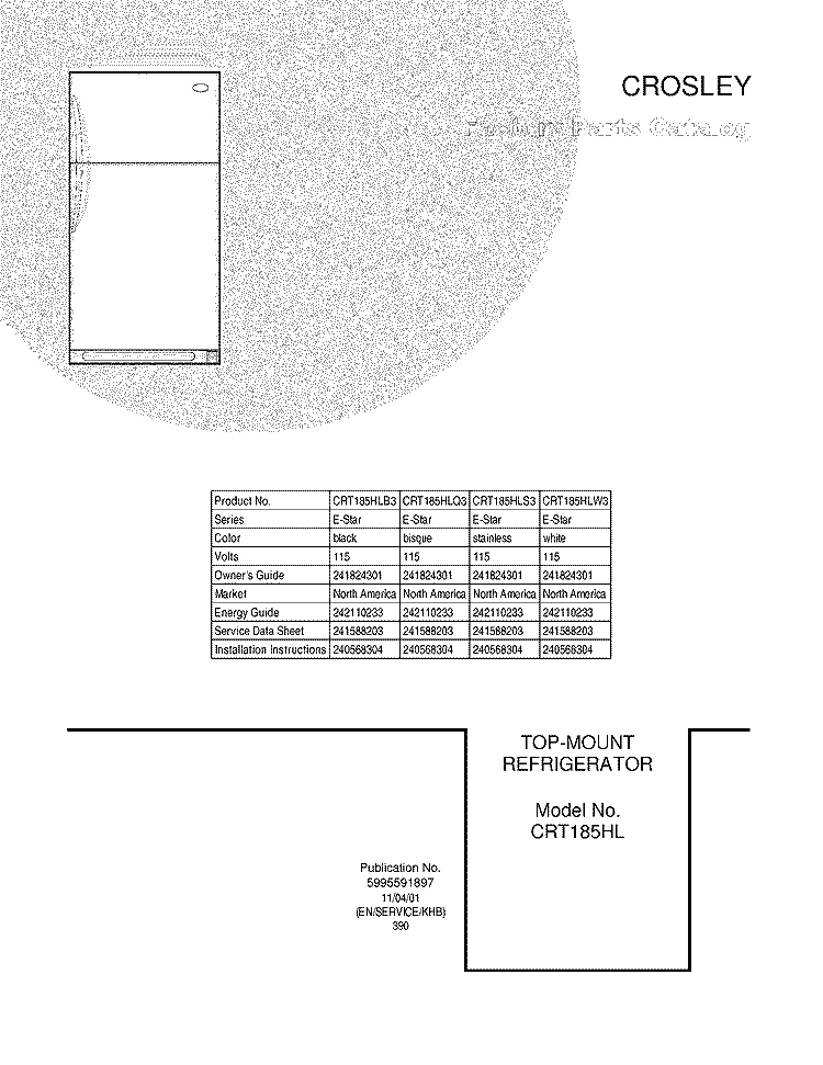 COVER Diagram and Parts List for CRT185HLB3  Crosley Refrigerator