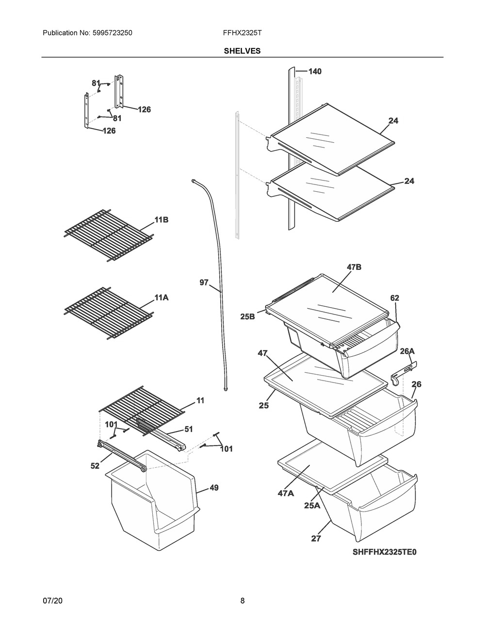 Shelves Diagram and Parts List for FFHX2325TE3  Frigidaire Refrigerator