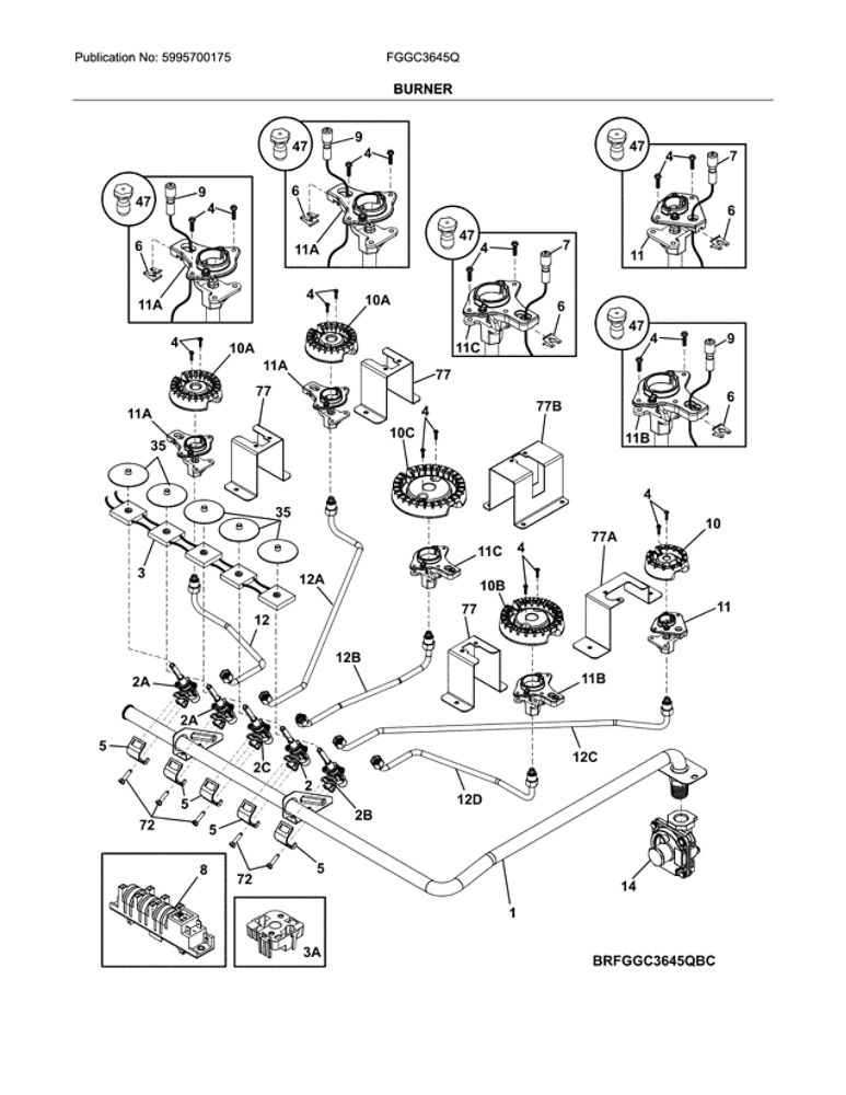 Burner Diagram and Parts List for FGGC3645QBC  Frigidaire Cooktop