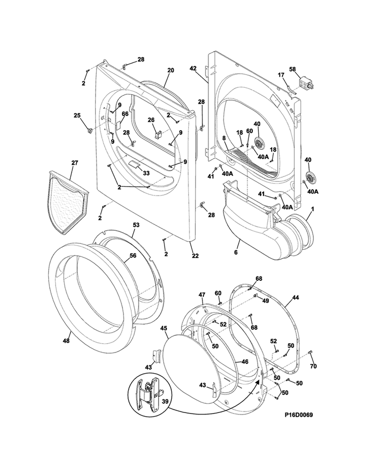 Front Panel/lint Filter Diagram and Parts List for CFSE5100QA0  Frigidaire Dryer